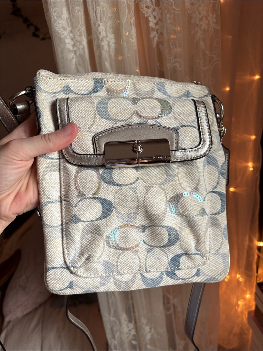 Coach Chalk Signature Canvas Crossbody with Metallic Silver Trim